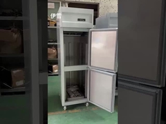 upright fridge with trays inside